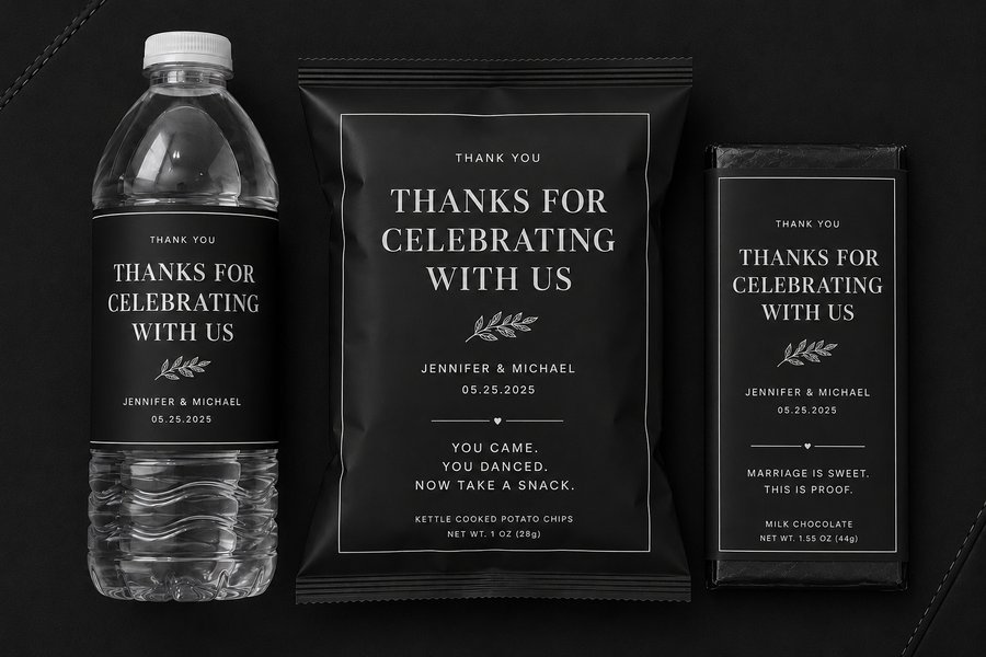 Jennifer Michael black white wedding branded prize set Partyology