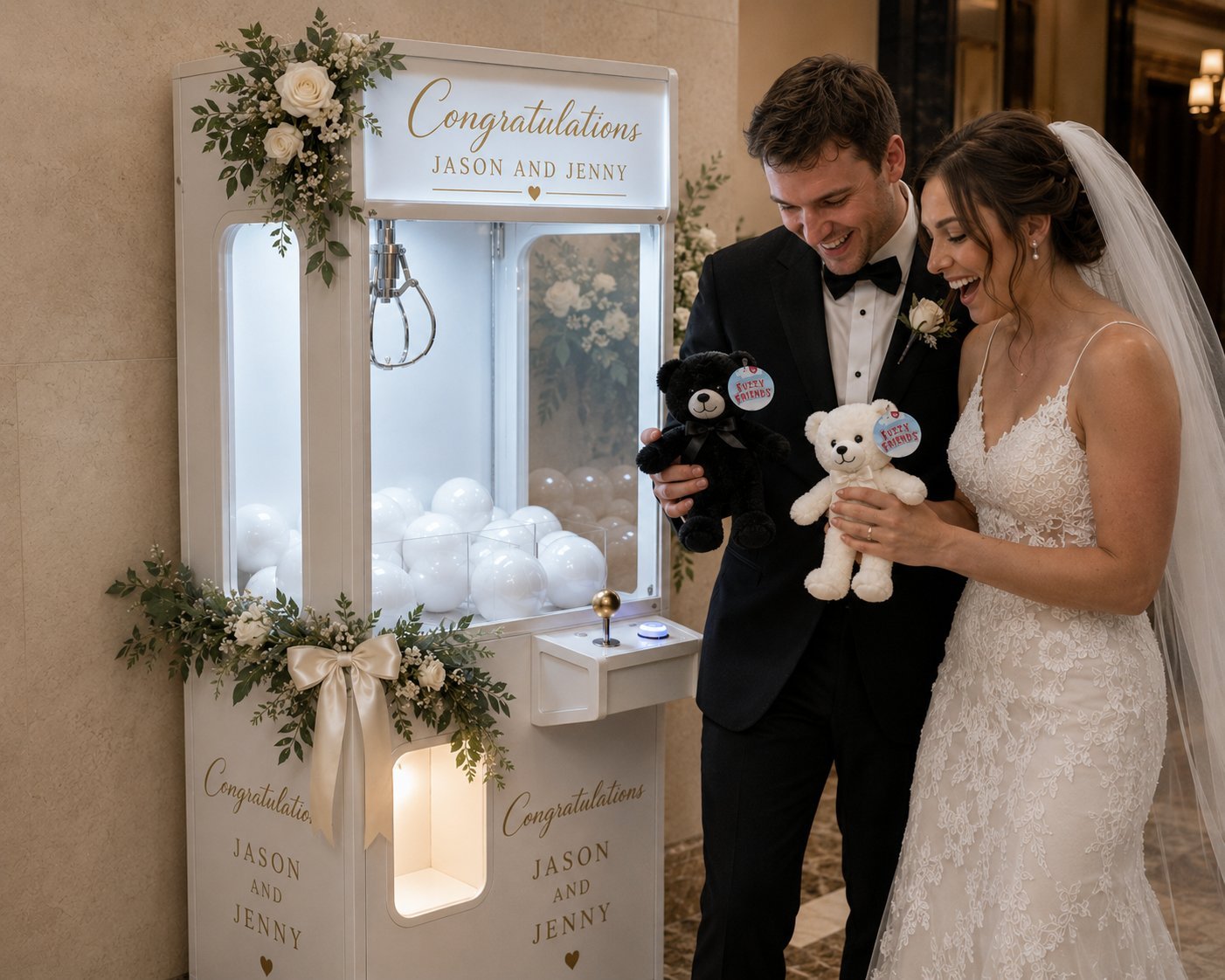 Wedding couple with custom claw machine Partyology Inc Winnipeg